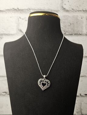 Silver Tone Filigree Heart Pendant Necklace Rhinestone Vintage Style